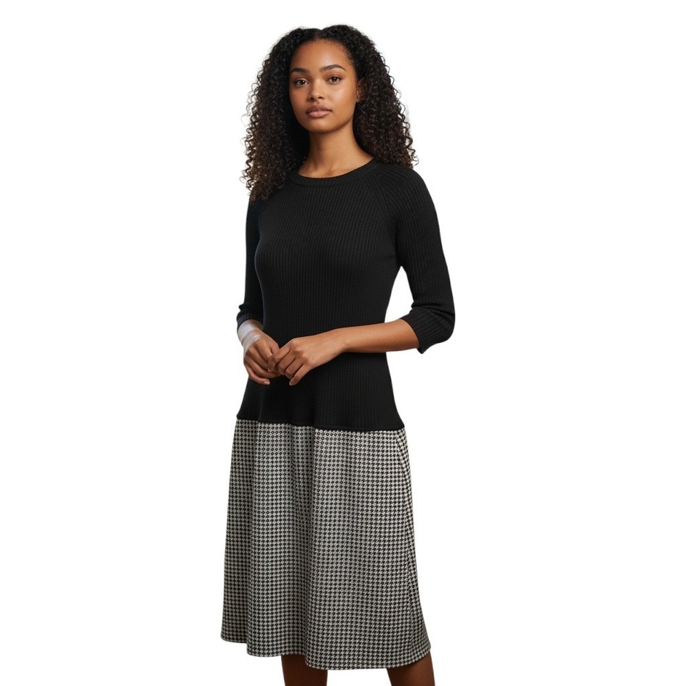 Theory Black Knit Houndstooth Dress Sz M Womens Career Professional‎ Preppy